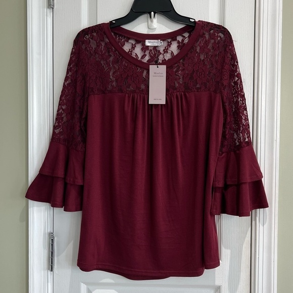 Miselon Tops - NWT Miselon Lace Detail Top With Bell Sleeves Burgundy Size Medium